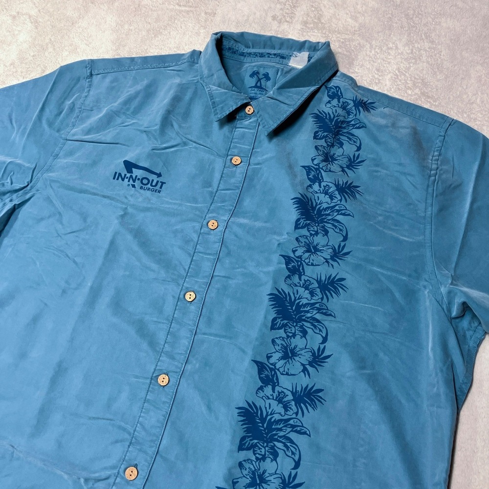 In-N-Out Burger Bowling Shirt Aloha Hawaiian 100% Silk Blue Button Down Mens 3XL